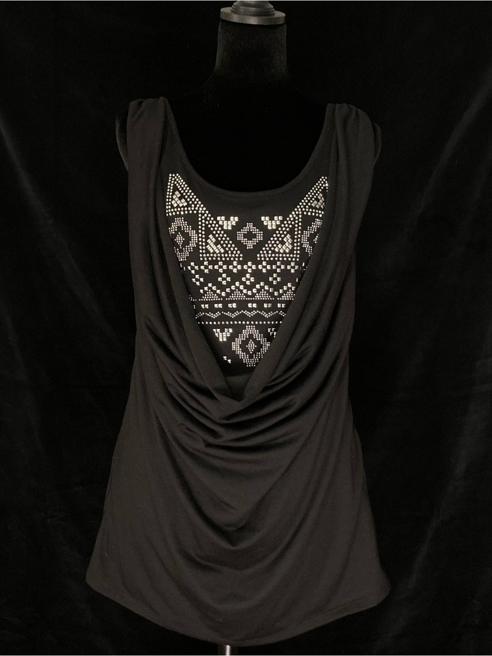 Almost Famous Black Draped Front Tank with Studded Geometric Back